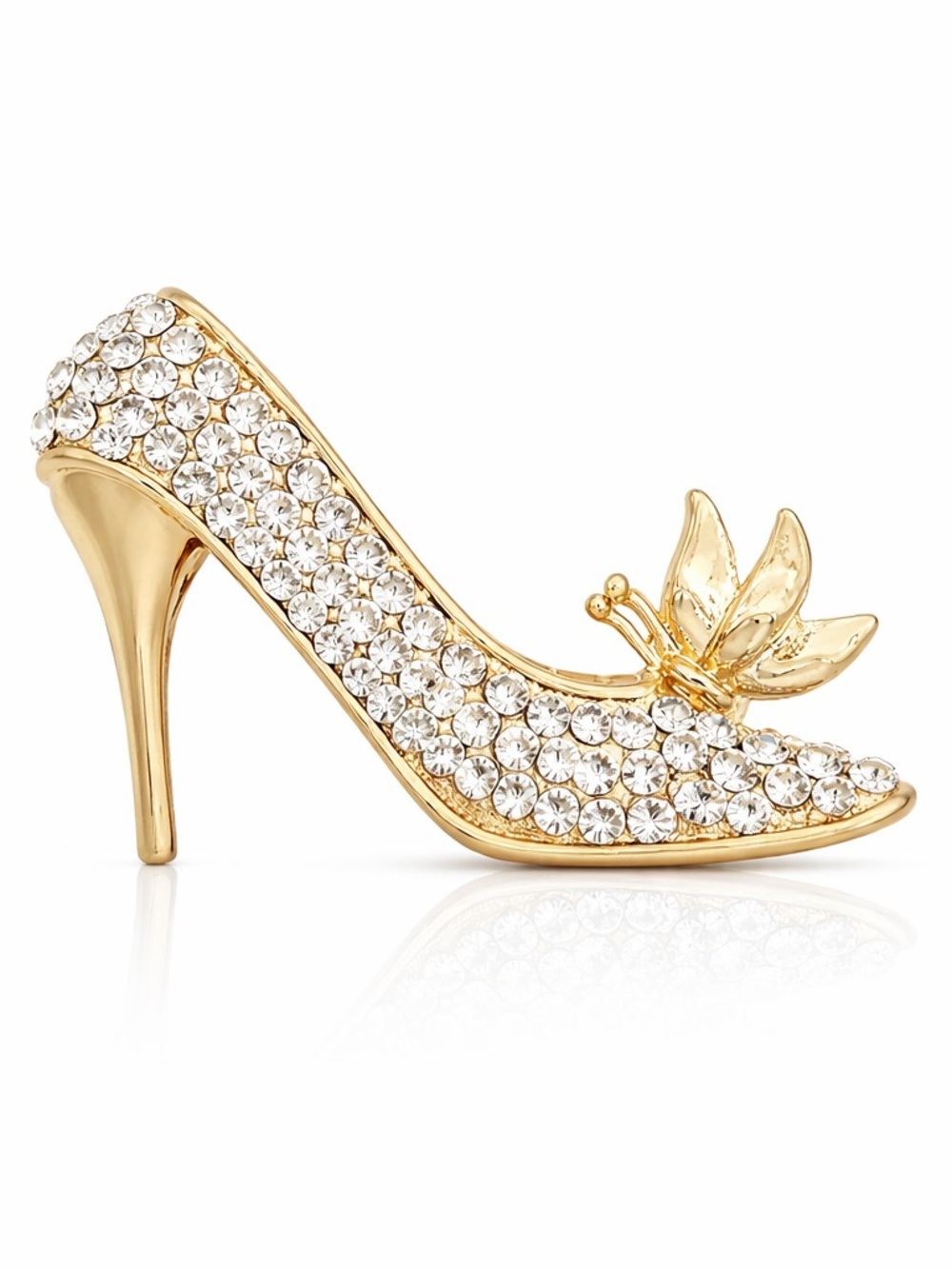 Gold Crystal High Heel Brooch with Butterfly Accent - Gold Tone